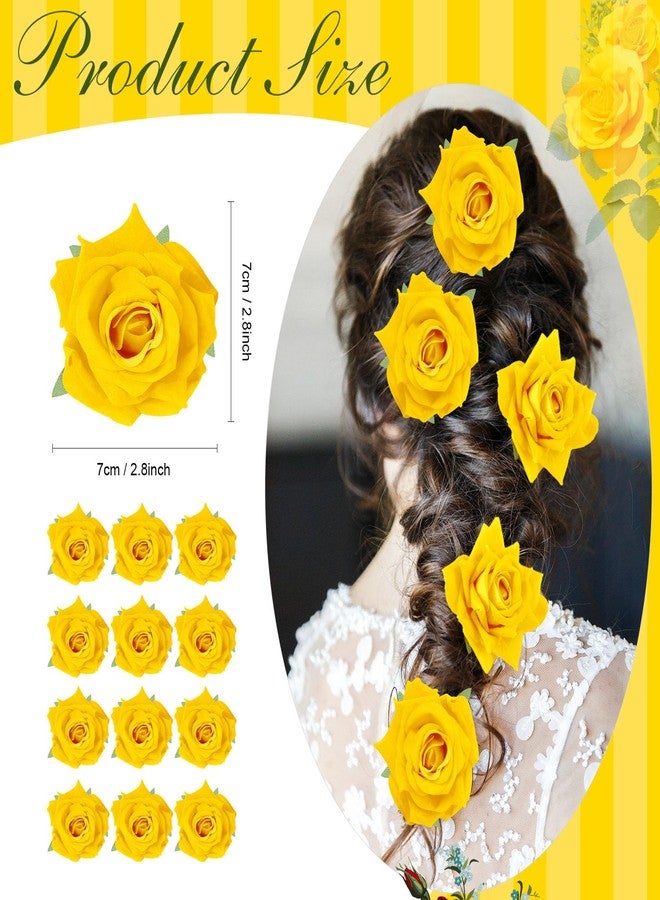 Yilloog 12 Pack Rose Hair Clip Flower 2.8'' Hairpin Floral Brooch Floral Hairclips Mexican Flowers Hairpin Party Supplies for Women Rose Hair Accessories Wedding Pack (Yellow) - Image 2